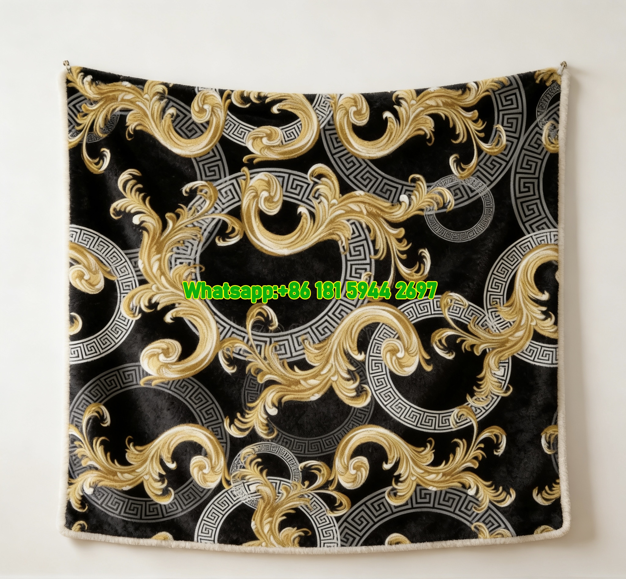 Versace Black Gold Silver Greek Key Baroque Print Flannel Sofa Throw Blanket IMG_1445